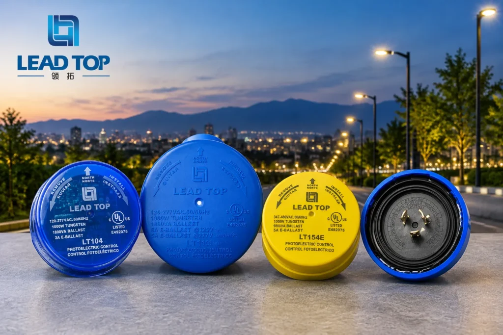 Lead Top photocell and photocontrol products for street lighting displayed on an urban road at dusk